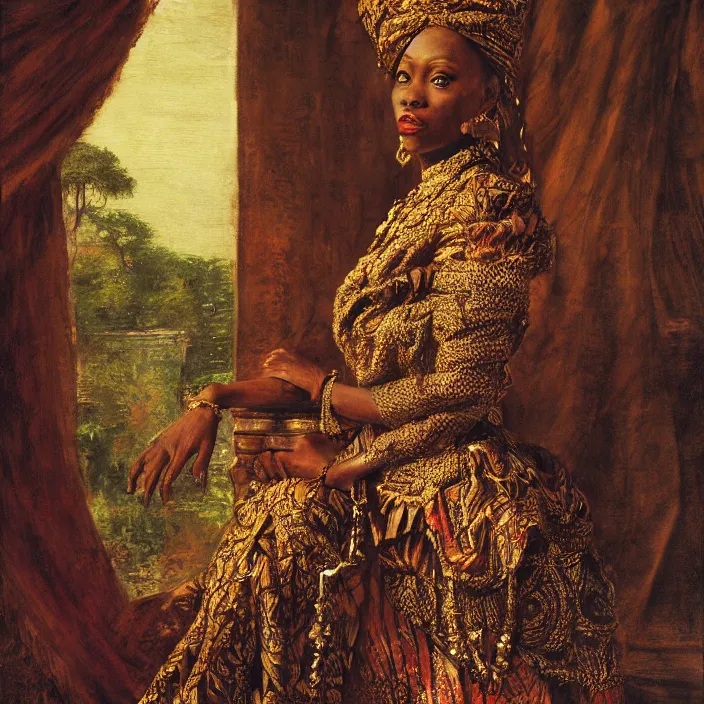 Prompt: longing look of an african empress at sunrise, portrait, highly detailed, backlit, bourgeoise, extremely opulent, ornate art, pompous, ornamental, richly detailed, digital art by wlop, adolph menzel, carvaggio