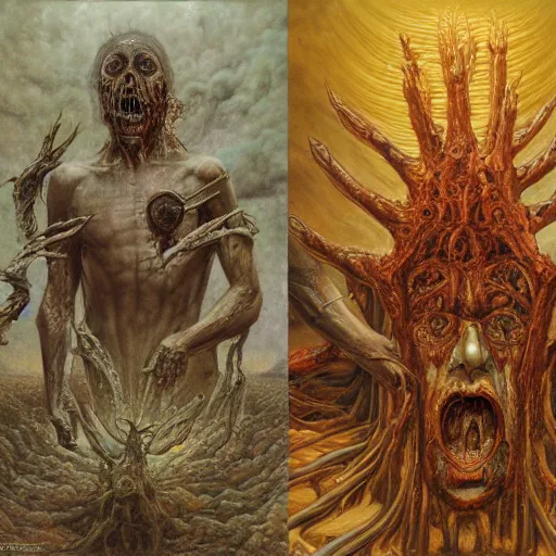 Prompt: the divine wrath of god, body horror, biopunk, oil on canvas, creative design, by zdzisław beksinski, marco mazzoni, peter gric