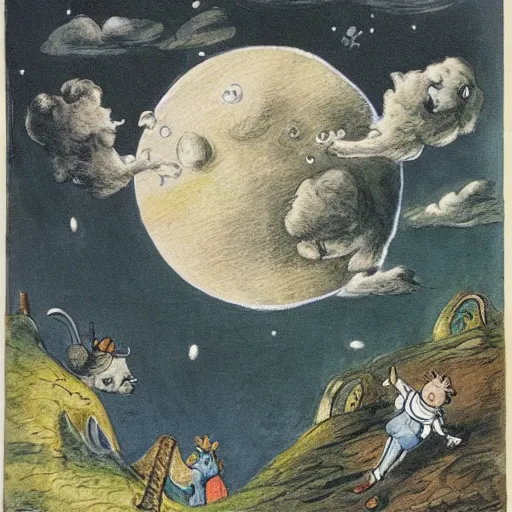 Image similar to cresent moon man smiling portrait, surrounded by clouds, landscape, illustrated by peggy fortnum and beatrix potter and sir john tenniel