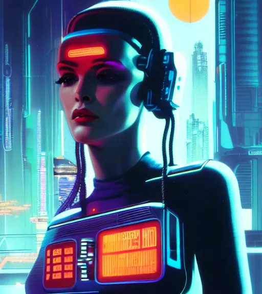 Image similar to cable plugged in, side of head, very very beautiful woman, cyberdeck computer terminal, chrome jacket, 1 9 7 9 omni magazine cover, style by vincent di fate, cyberpunk 2 0 7 7, very coherent, detailed, 4 k resolution, unreal engine, daz