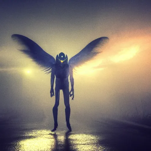 Image similar to mothman glowing eyes misty atmospheric ominous perspective