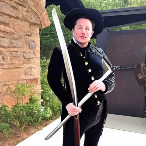 Prompt: full body photo of elon musk as a musketeer, he has a big black hat and holds a shiny sword