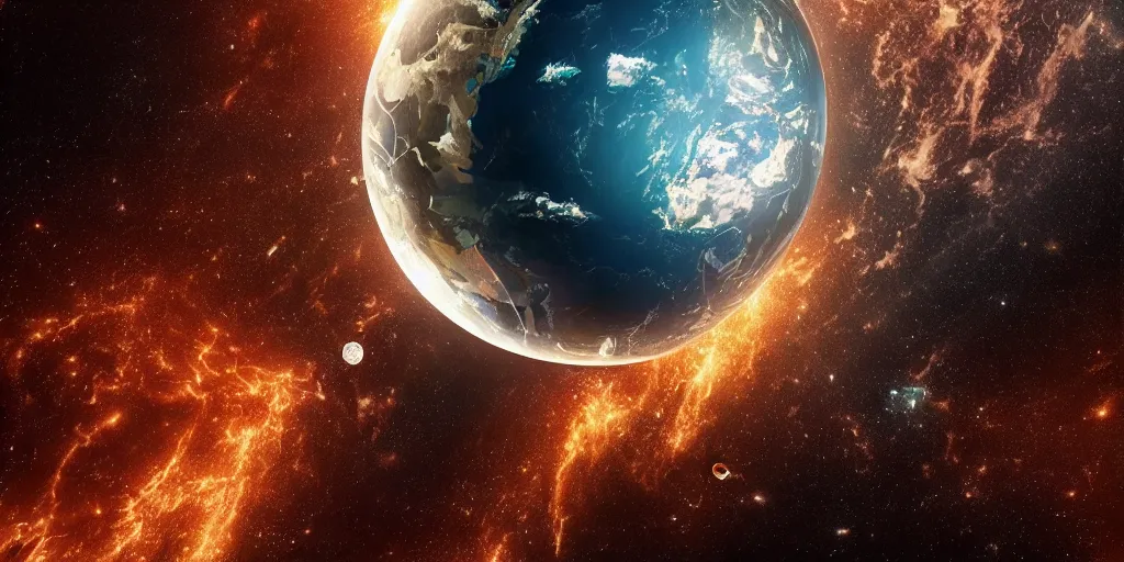 Image similar to view from 2 5 0 million miles in distance. a highly accurate depiction of earth broken into halves and floating in space. dramatic lighting, highly coherent, highly detailed, epic, digital art, fifth element, dystopian, octane 3 d render.