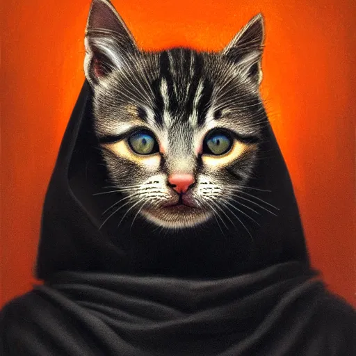 Image similar to a portrait of a kitten wearing a black hood, cloak covering face, anatomically correct, beautiful perfect face, enigmatic, oil painting, matte, black background, Volumetric dynamic lighting, Highly Detailed, Cinematic Lighting, Unreal Engine, 8k, HD, by Beksinski