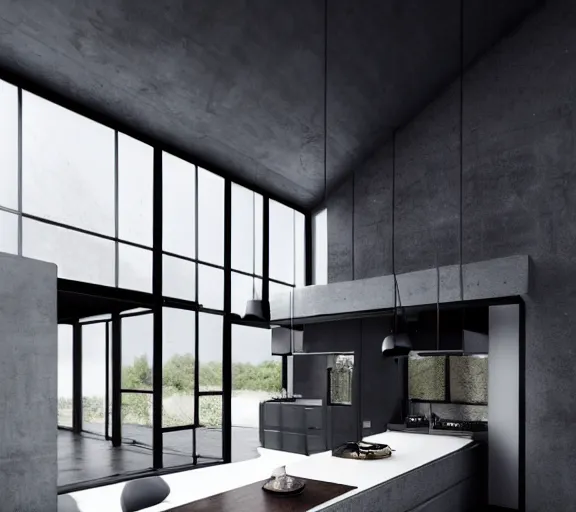 Prompt: brutalist black house kitchen tall ceilings windows interior design minimalist furniture ominous dark powerful giant open space high quality octane render