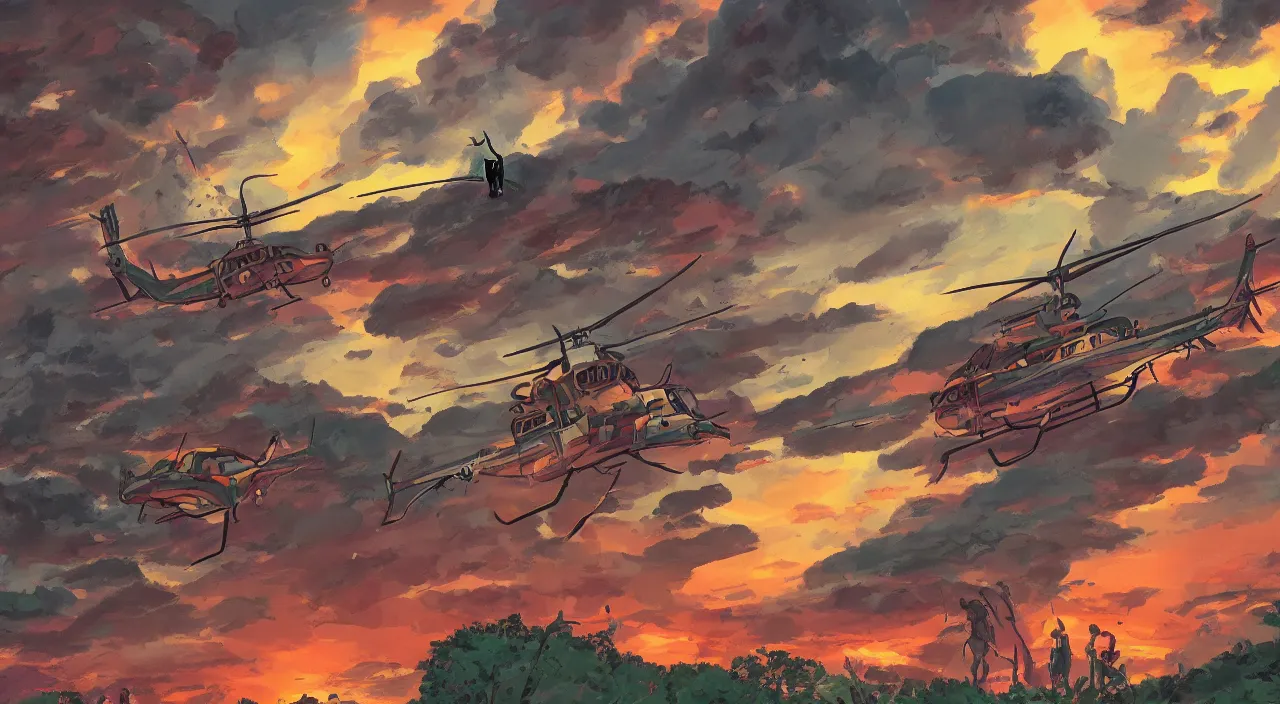 Image similar to helicopters flying low over jungle mountains sunset sky rice patties beautiful artstation 4 k breathtaking graphic novel concept art illustration cartoon by jack kirby