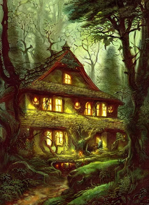Prompt: hyper realistic homely witch cottage rococo in the woods gorgeous lighting, highly detailed, lush forest painting by norman rockwell, james gurney zdzisław beksinski and norman rockwell and greg rutkowskiweta studio