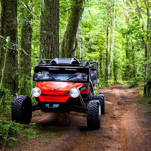 Image similar to off road buggy in the forest, driver is smilimg, artstatiom, 4 k, incredibly detailed