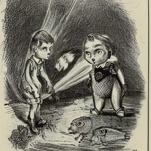 Prompt: a big fish and small fish by john tenniel