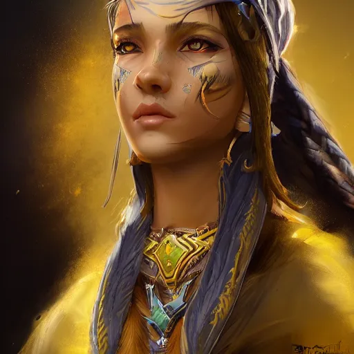 Prompt: portrait of young wild arabian nomad half wolf, with yellow cloths, league of legends splash art, hearthstone splash art, full body shot, rule of thirds, ultrafine hyperrealistic detailed face, artgerm, greg rutkowski, trending on artstation, 8 k, intricately detailed, highly detailed