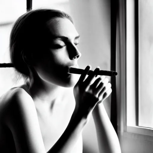 Image similar to Live Action Still of Jerma985 in a film of a beautiful model woman smoking a cigarette by the window, black and white, hyperrealistic, ultra realistic, realistic, highly detailed, epic, HD quality, 8k resolution, body and headshot, film still