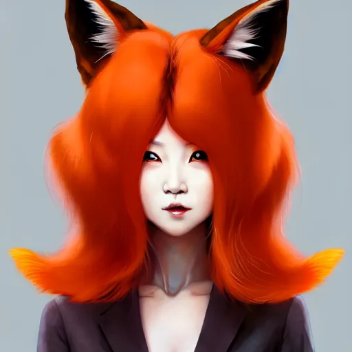 Prompt: character design portrait of a beatiful chinese anthropomorphic furry fox woman with fox ears, long orange hair, wearing a suits, looking at the camera, 4 k, concept art, by wlop, wenjun lin, watercolor, ilya kuvshinov, artgerm, krenz cushart, pixiv.