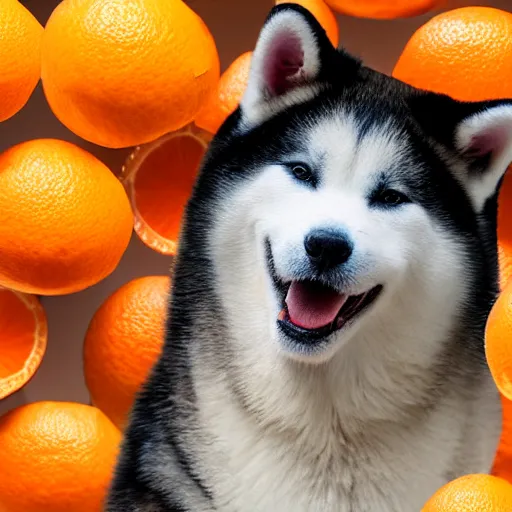 Image similar to photo of an akita inu made out of oranges