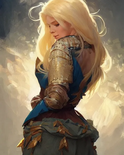 Image similar to '' Portrait of Beautiful blonde Slavic woman, league of legends, LOL, fantasy, d&d, digital painting, artstation, concept art, sharp focus, illustration, art by greg rutkowski and alphonse mucha ''