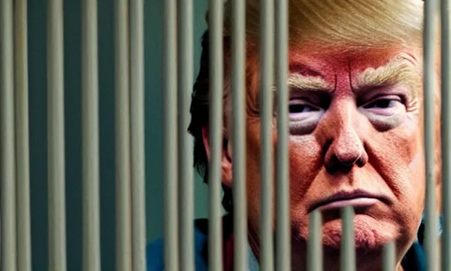 Image similar to full shot of donald trump in a dirty jail cell in guantanamo, by ken loach