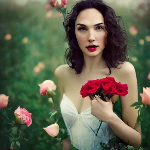 Image similar to full body fine art photo of the beauty gal gadot, she is merging from roses, taken by oleg oprisco