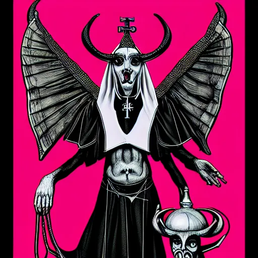 Image similar to graphic illustration, creative design, baphomet as a nun, biopunk, francis bacon, highly detailed, hunter s thompson, concept art