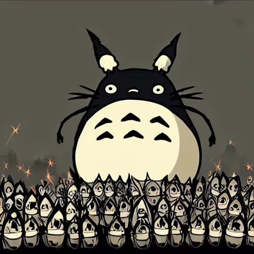 Image similar to totoro in a black metal band in a concert, dressed like band metal kiss, marduk, mayhem, burzum, inmortal, a crowd cheering, a drummer, electric guitar, sparkles all around, fantasy digital art, wow, stunning, ghibli style, hight quality