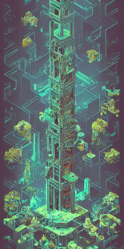 Prompt: isometric portrait of advanced alien, his last moment, mystical, intricate ornamental tower floral flourishes, technology meets fantasy, map, infographic, concept art, art station, style of monument valley, giger, wes anderson