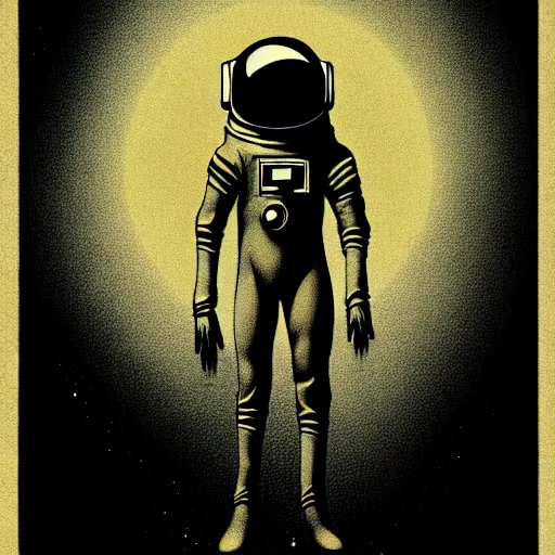 Prompt: full-body dark creepy gothic retro illustration realism a decapitated astronaut with futuristic elements. he welcomes you under with no head, empty helmet inside is occult mystical symbolism headless full-length view. standing on ancient altar eldritch energies disturbing frightening, award winning digital illustration hyper realism, 8k, depth of field, 3D