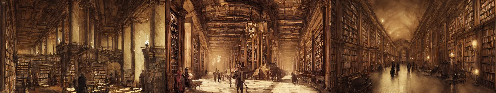 Prompt: grand and magnificent hallway with scholars in ancient library, papyrus, watercolored, jakub rozalski, dark colours, dieselpunk, artstation