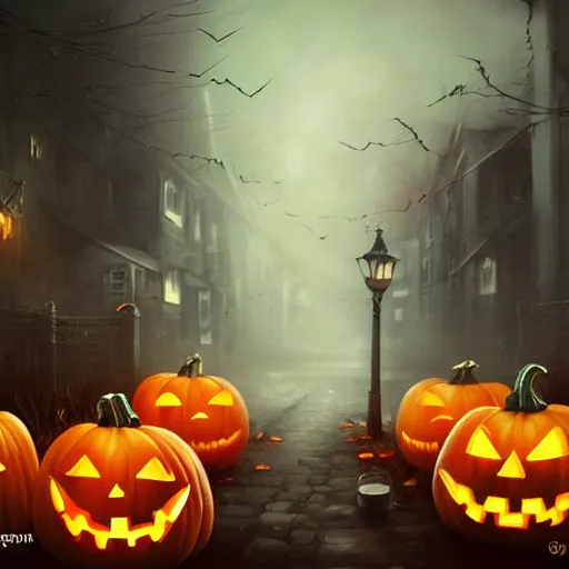 Image similar to a creepy and eery Halloween setting, with Jack o lanterns on the street and shadow figures lurking about, dynamic lighting, photorealistic fantasy concept art, stunning visuals, creative, cinematic, ultra detailed, trending on art station, spooky vibe