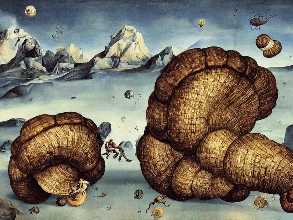 Image similar to Man riding a giant strange snail-like creature an icy alien planet. Giant seashells rocks, mountains. Iridescent insects. Painting by Lucas Cranach, Salvador Dali