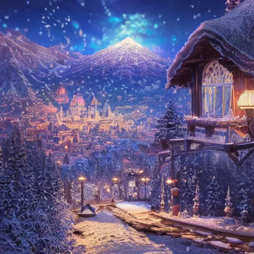 Image similar to the aesthetic view of the beautiful, grand, wistful, dreamy snowcapped mountain at dusk, hyperrealistic anime illustration by iralki nadar, colorful, extremely detailed, intricate linework, super sharp focus, bright colors, octopath traveler, studio ghibli, unreal engine 5 highly rendered, global illumination, radiant light, detailed and intricate environment