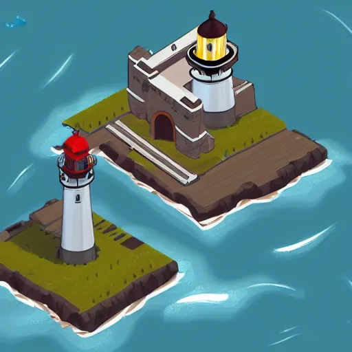 Prompt: side view of top down isometric video game, point and click style, on an island with a giant lighthouse, a drawbridge, and crew quarters with a cave underneath the island