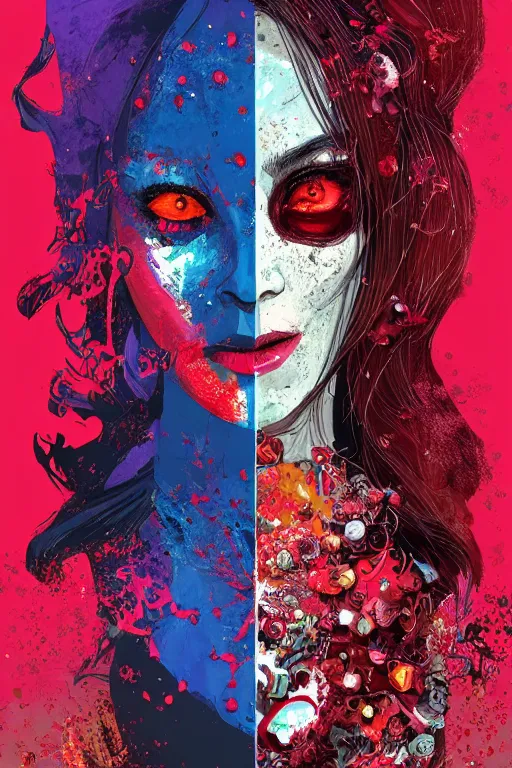 Image similar to beautiful lady half necromancer, made of red gucci fabric, dust particles, pixiv fanbox, dramatic lighting, maximalist pastel color palette, splatter paint, pixar and disney exploded - view drawing, graphic novel by fiona staples and dustin nguyen, peter elson, alan bean, wangechi mutu, clean cel shaded vector art, trending on artstation