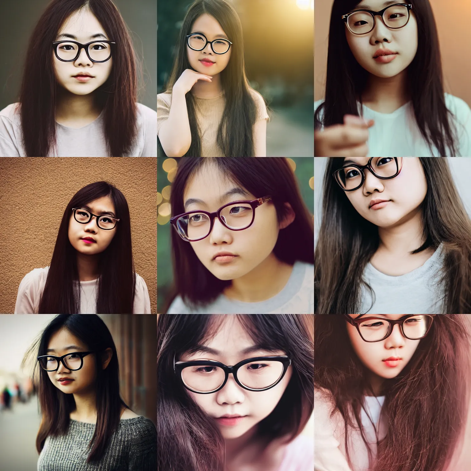 Prompt: portrait, award - winning, beautiful, cute, adorable, round faced, dark brown colored long hair, wearing round glasses and trendy clothing, asian girl, bokeh, backlight, dimly lit, intricate, highly detailed face, 8 k