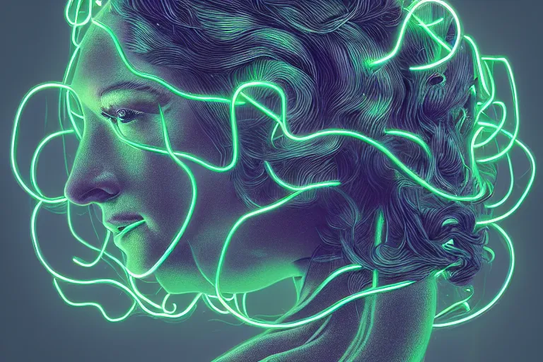 Image similar to photo of surreal medusa gorgo in neon lighting, elegant, highly detailed, smooth, sharp focus, trippy, dmt, psychedelic, illustration, beautiful, geometric, trending on artstation, cinematic, artwork by WLOP