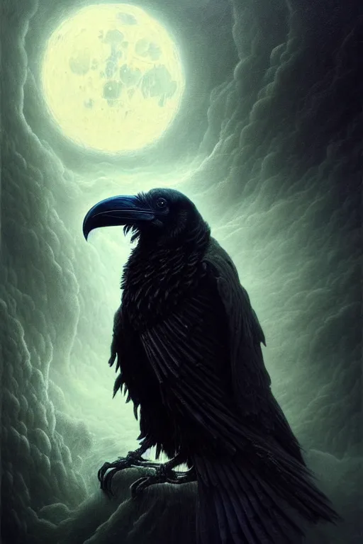 Prompt: Intricate stunning highly detailed raven by agostino arrivabene and Seb McKinnon, concept painting, mysterious, ethereal, dark, swarming swirling bats, full moon, thick swirling smoke tornado, fire embers, trending on artstation