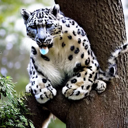 Image similar to anthropomorphic snow leopard leaning against a tree with a bow