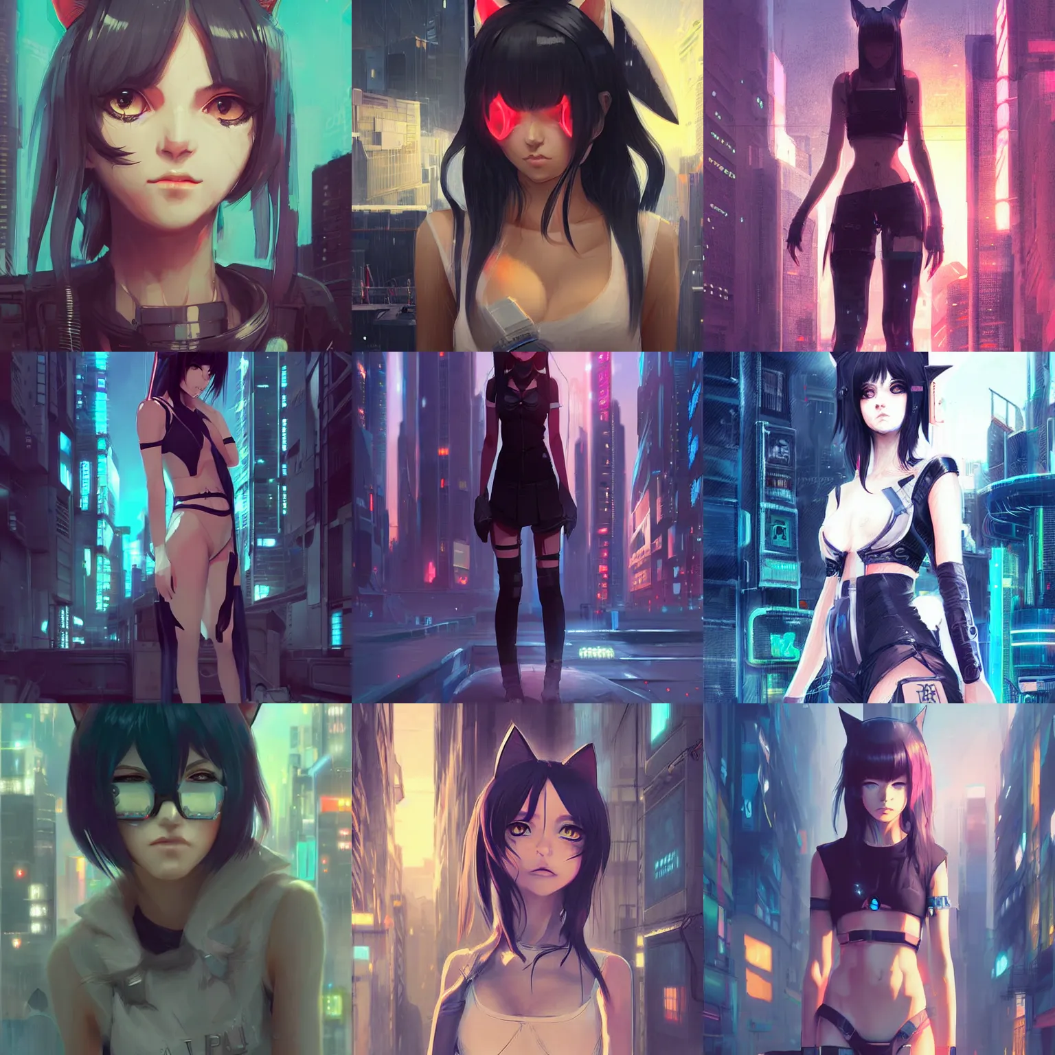 Prompt: cute anime catgirl in cyberpunk city cat ears illustration style of digital art by greg rutkowski