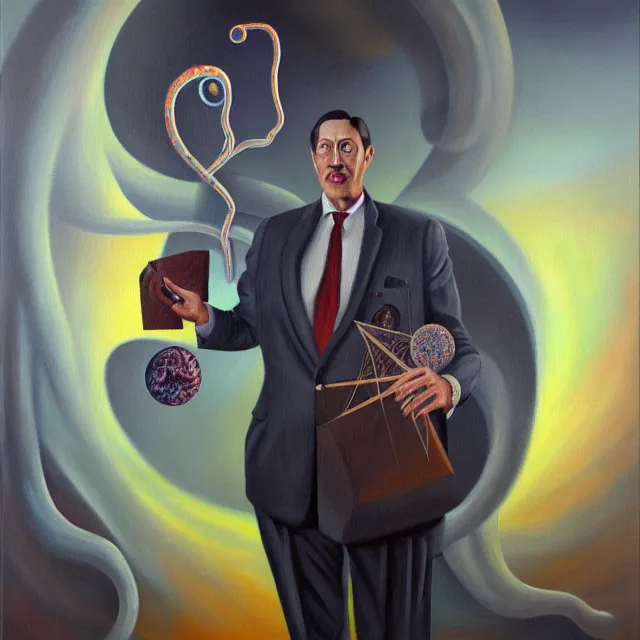 Image similar to an oil on canvas painting of a business man, polycount, surrealism, surrealist, lovecraftian, cosmic horror, high detail