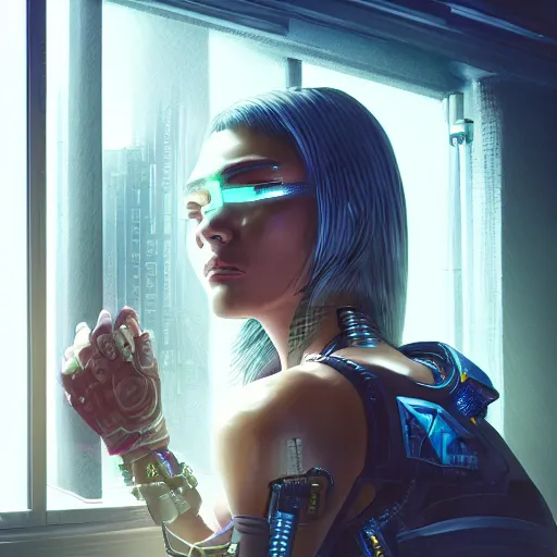Image similar to portrait of cyberpunk woman looking out of a window, cyberpunk setting, futuristic, highly detailed, intricate lighting, digital painting, sharp focus, illustration, trending on artstation, art by akira toriyama.