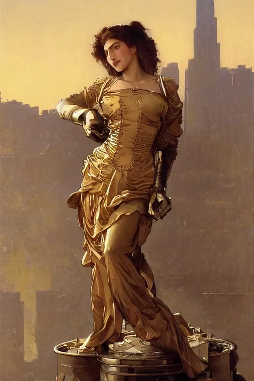 Prompt: brass semi - mechanical woman, portrait, floral art novuea dress, art by ardian syaf and moebius, william adolphe bouguereau, in steampunk cityscape, golden hour