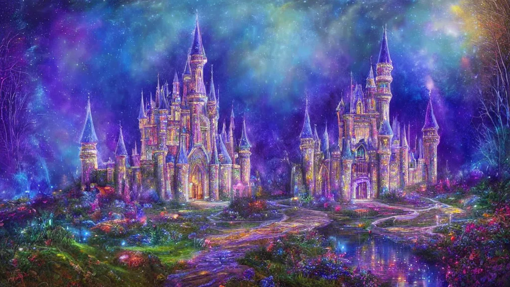 Image similar to a magical crystal castle made of light inspired by gilbert williams enveloped in trails of colorful lights around it. clean painting and auora lighting. dark blue and intense purple color palette, art by gilbert williams