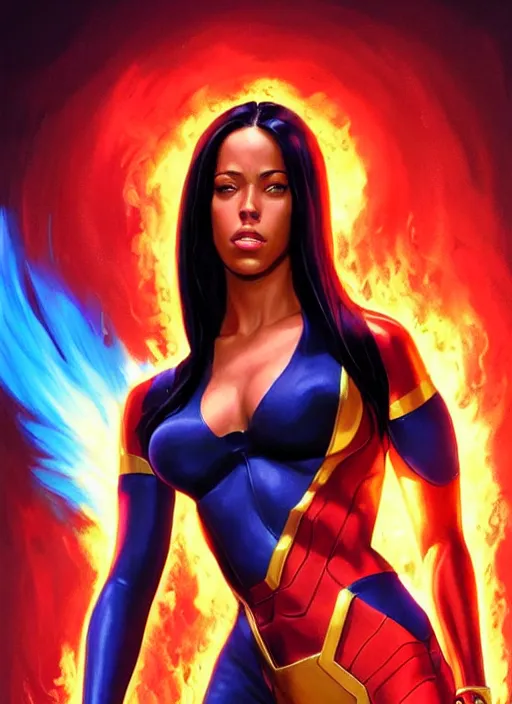 Image similar to full body portrait of marvel cinematic universe aaliyah haughton, x - men, jean grey, elegant, fire, phoenix, rippling electromagnetic, highly detailed!! digital painting, artstation, glamor pose, concept art, sharp focus, illustration, art by artgerm and greg rutkowski, artey freytag