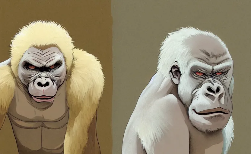 Image similar to the albino gorilla friend awoke from its slumber beneath the bed frame, digital painting masterpiece, haunting beautiful brush strokes, painted by Moebius and Hayao Miyazaki and Akira Toriyama