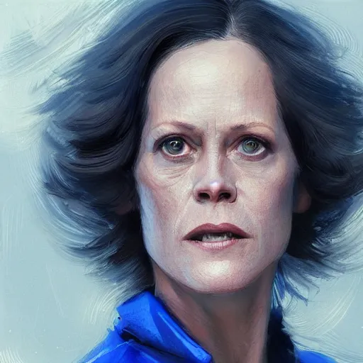 Image similar to portrait of a woman by greg rutkowski, sigourney weaver as an space cargo pilot, she is about 6 0 years old, wearing a cobalt blue utilitarian jumpsuit, highly detailed portrait, digital painting, artstation, concept art, smooth, sharp foccus ilustration, artstation hq