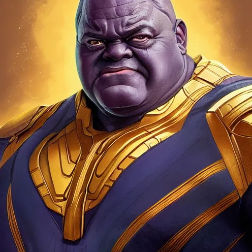 Image similar to portrait of Lavell Crawford as Thanos, elegant, intricate, headshot, highly detailed, digital painting, artstation, concept art, sharp focus, illustration, art by artgerm and greg rutkowski and alphonse mucha