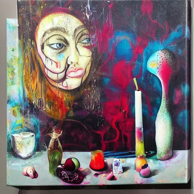 Image similar to “ surrealism, a portrait in a female art student ’ s apartment, mushrooms, sensual, art supplies, a candle dripping white wax, berry juice drips, acrylic and spray paint and oilstick on canvas, neoexpressionism ”