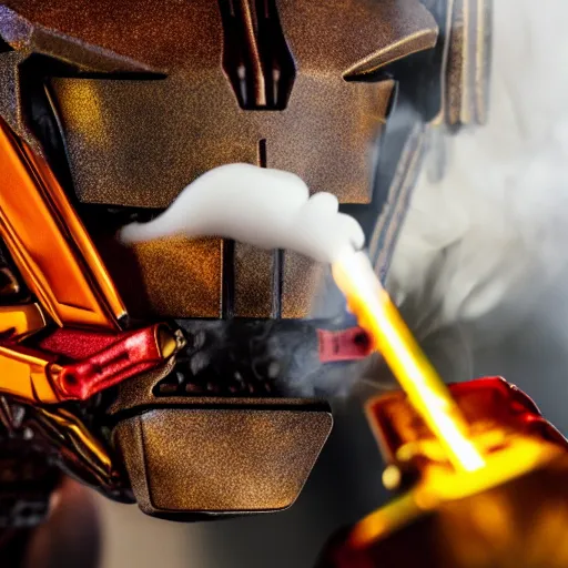 Image similar to A product photography of Bionicle smoking a fat joint, lots of smoke, green red and yellow hues, 4k, award winning photo