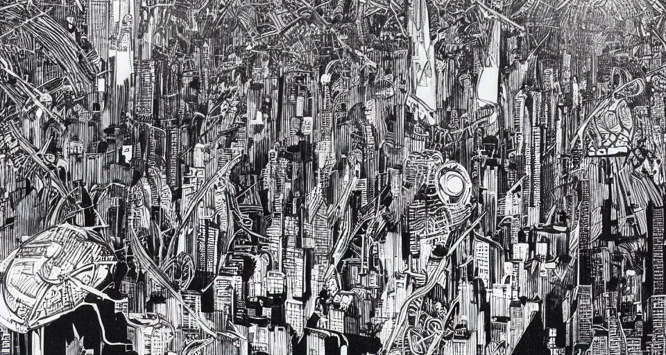 Prompt: view on futuristic city in the horizon, illustration by stanley donwood, detailed, sharp, masterpiece, 8 k