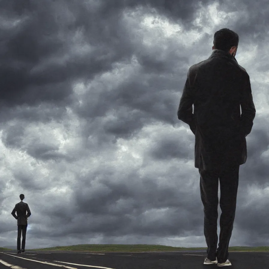 Image similar to Artwork of a man standing in the middle of the street with a stormy clouds floating above his shoulders.