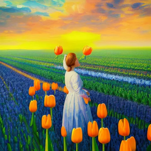 Prompt: dutch girl with singular giant tulip as a head, surreal photography, flower field, sunset dramatic light, impressionist painting, colorful clouds, blue sky, digital painting, artstation, simon stalenhag