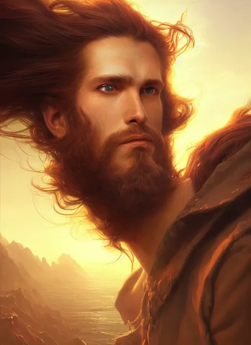 Prompt: portrait painting of a handsome rugged long hair crimson hair male pirate, soft hair steampunk zeppelin in the sky sunset golden hour art by raphael lacoste and stephan martiniere greg rutkowski gaston bussiere fantasy soft hair trending on artstation deviantart book cover art concept art key art dramatic volumetric lighting, 4 k, award winning