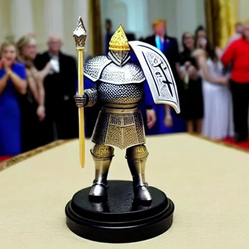 Image similar to full - body - front - shot!!!!!!!, donald trump wearing knight'armor, crown, detailed face of donald trump